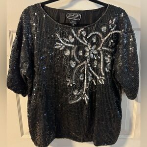 VTG Elegant Black Silver Sequin Top 100% Pure Silk Fancy Party Sparkle Granny